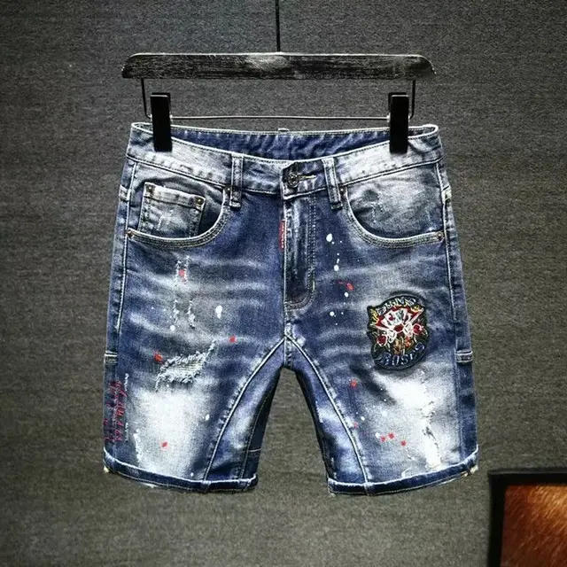 Mens Jeans High Quality Elastic Embroidery Knee Length Ripped Denim Shorts Brand Summer Thin Trendy Slim-fit Five-point Pants 1