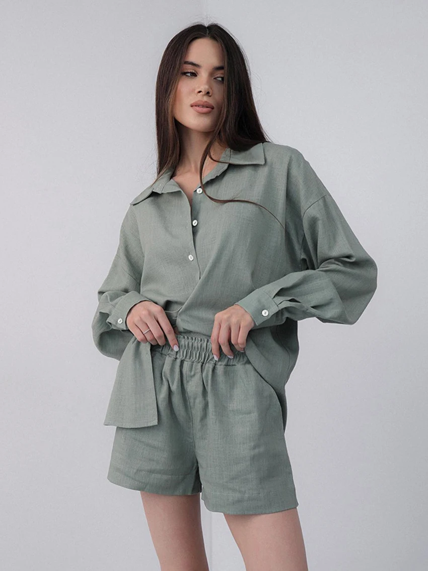 Marthaqiqi Casual Women Sleepwear Set Long Sleeve Nightgowns Turn-Down Collar Pajama Shorts Cotton Ladies Nightwear 2 Piece Suit