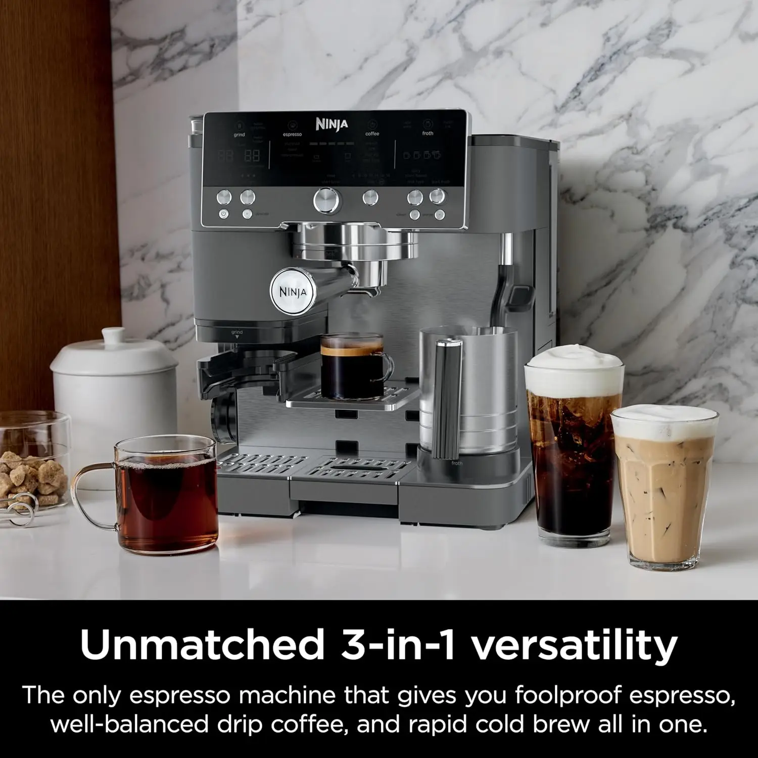 Luxe Cafe Premier Series, Espresso Machine, Drip Coffee, Rapid Cold Brew, Integrated Grinder, Hands-Free Frother, with Knock Box