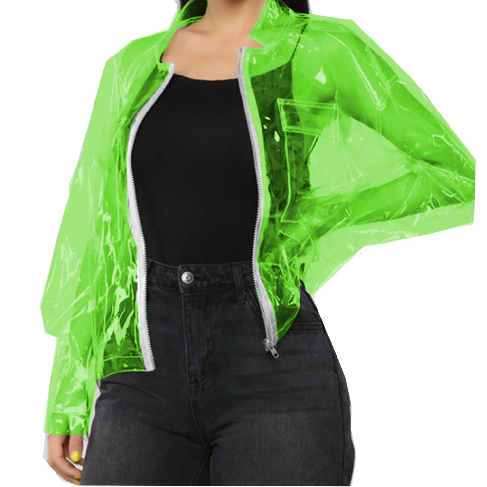 Women PVC Leather See-through Jacket Transparency Front Zip