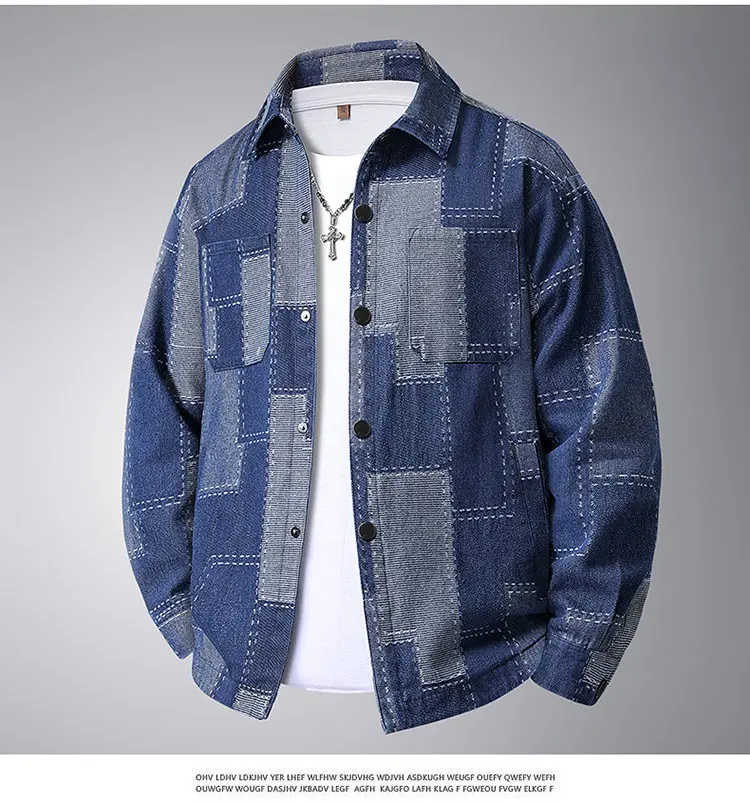 Übergroße L-8XL Herren-Jeansjacken mit Karomuster, Jugend-High-Street-Wear, lockerer karierter Baumwollmantel, einreihige Top-Kleidung – Detail 15