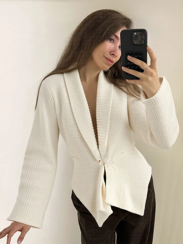 Nibber Autumn New Style Elegant Single Button Cardigan Sweater Coats Woman  Crochet Deep V-Neck Full Sleeve Office Style Jackets