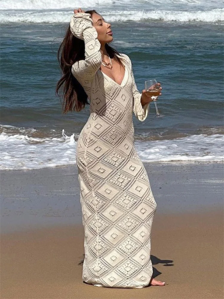 See-Through Loose Dress Flared Sleeve For Women Backless Hollow Out Holiday Beach Outfits V-Neck Pullover Maxi Dress 2025