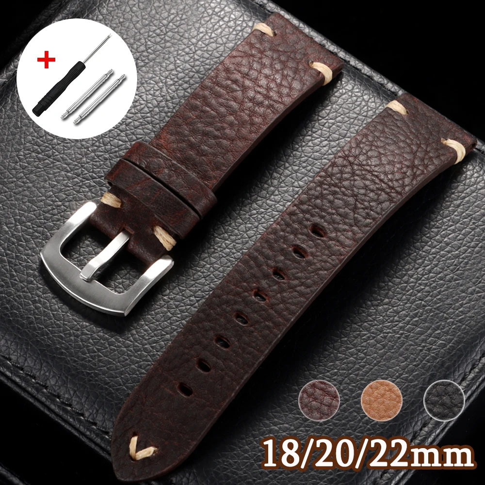 Vintage Genuine Cowhide Leather Watch Band with Handmade Stitching