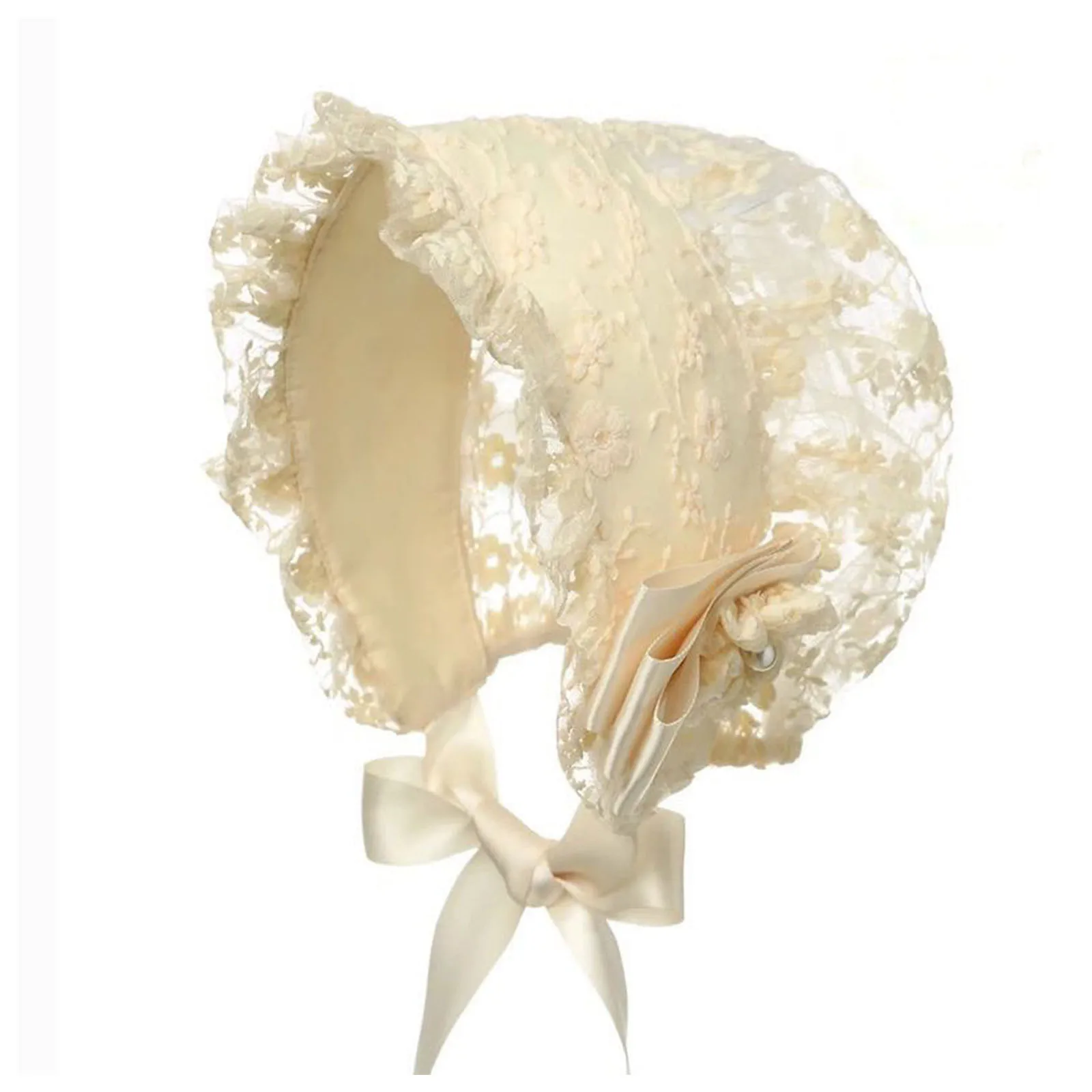 Bonnet Baptême Bébé Fille En Dentelle Blanche - Chapeau Princesse Avec Nœud - Tour De Tête 38-48 Cm