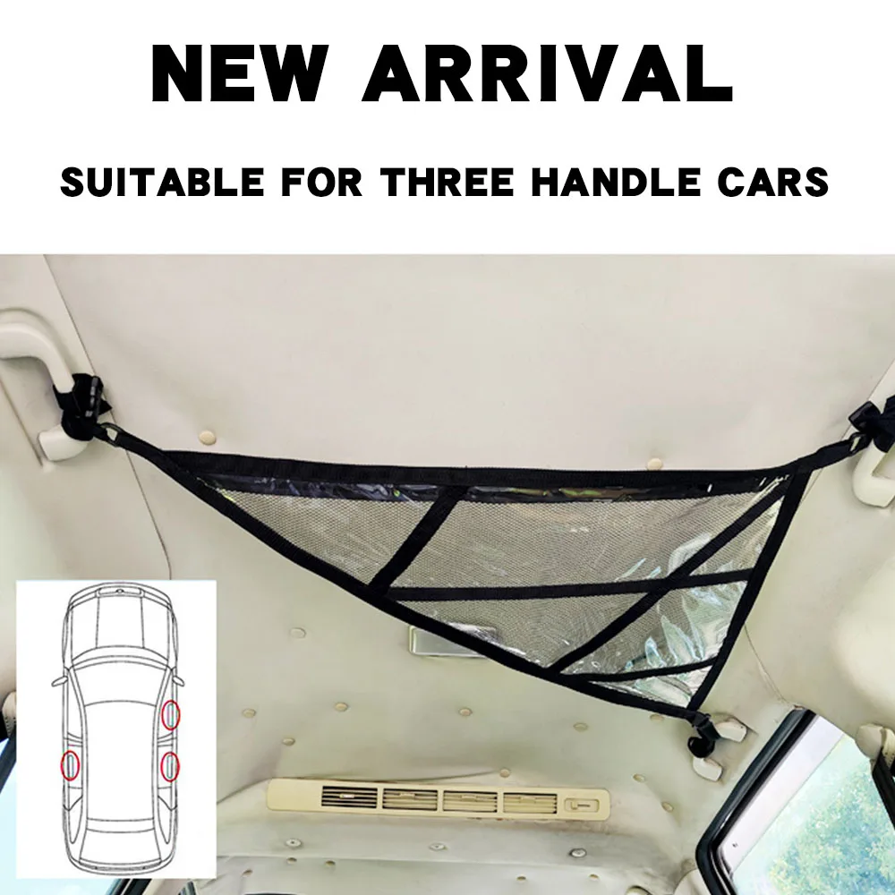 Upgrade Car Ceiling Cargo Net Pocket, Car Roof Storage Organizer,Truck SUV Travel Long Road Trip Camping For 3-handle models