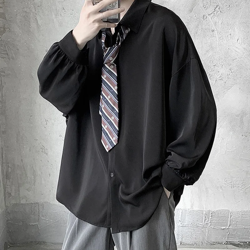 

Black Shirt Korean Street Casual Loose Comfortable Fashion Long Sleeve Shirt Single Breasted Shirt with Y2k Men's Spring/summer