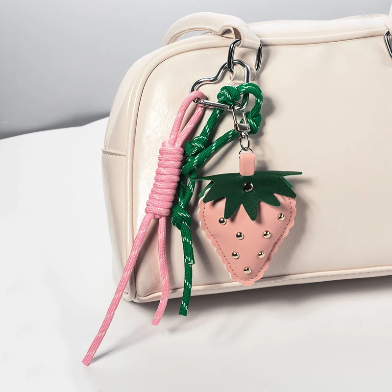Woven Flower Strawberry Bag Pendant Braided Rope PU Leather Pendant Backpack Accessories Car Keyring Fruit Keychain