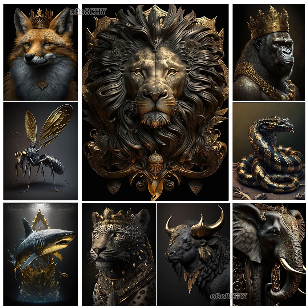 Black And Gold King Animal Poster Murale King Crown Horse Deer Shark Lion Black Gold Art Canvas Painting For Living Room Decor