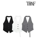 TRAF Women Fashion Backless Halter Neck Waistcoat Sexy Sleeveless Button-up Female Outerwear Chic Vest Tops 1