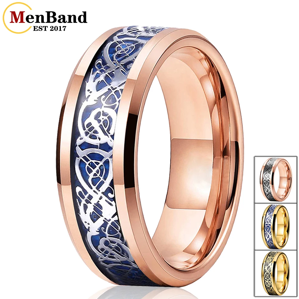 MenBand New Style 8MM Men And Women Tungsten Carbide Wedding Band Rings Silver Dragon And Blue Carbon Fiber Inlay Comfort Fit menband new style 8mm blue tungsten carbide wedding band rings gold color dragon and carbon fiber inlay comfort fit