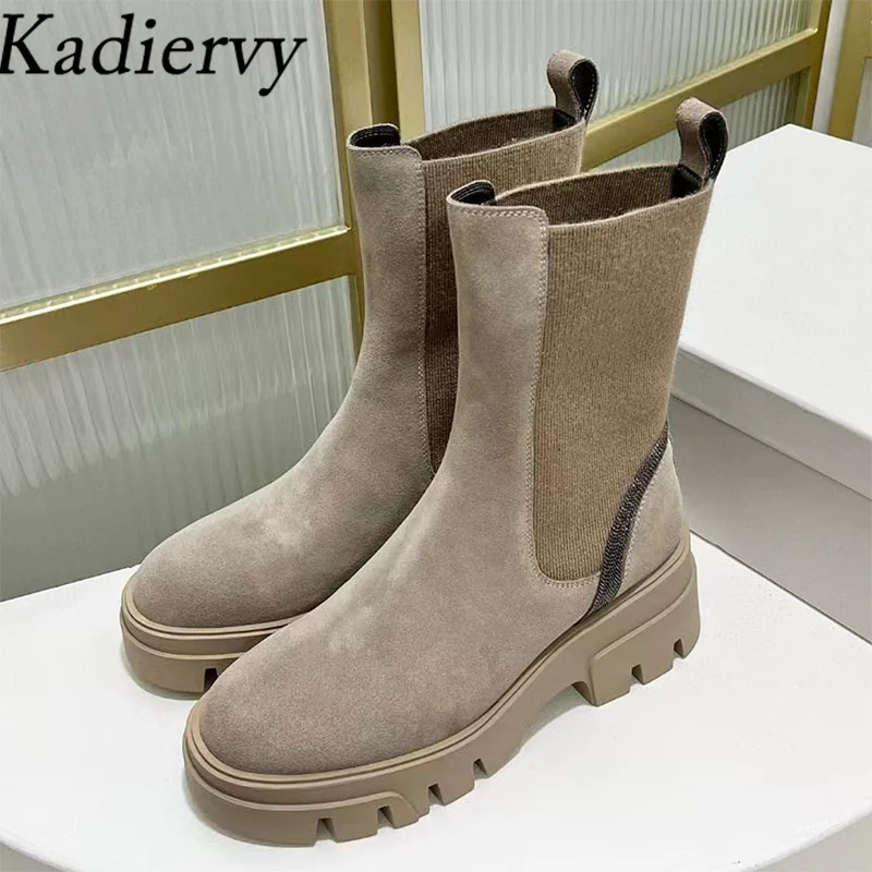 

New Thick Sole Motorcycle Boots Women Round Toe Slip-on Flat Shoes Woman Cow Suede Patchwork String Bead Short Boots Woman