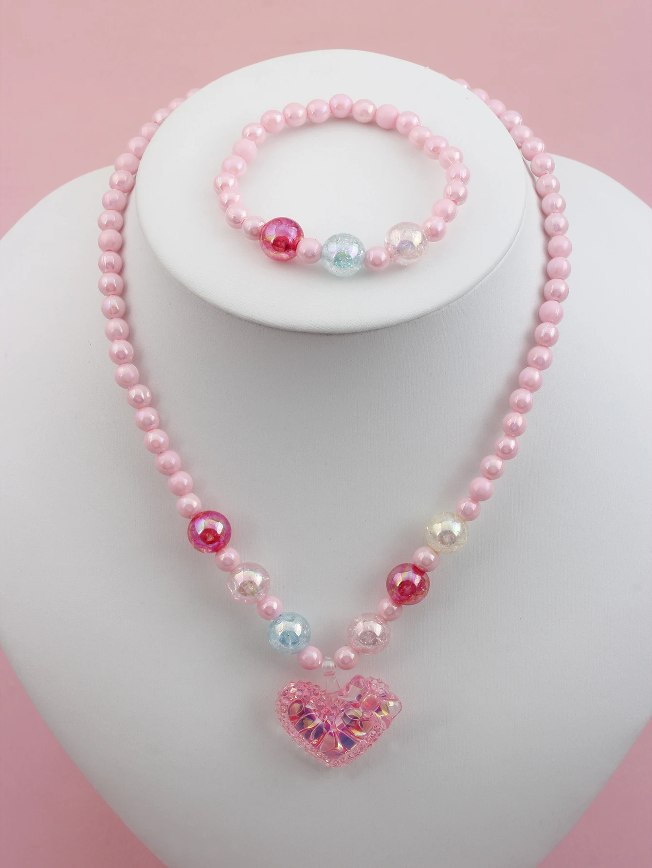 Girls heart beaded necklace and bracelet four seasons daily wear color random 2pcs jewelry sets jewelry set