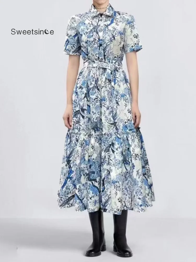 

Sweetsince European American Fashion Printed Dress Female2023 Summer New Lapel Short Sleeve Belt Slim Medium Length Women Wear