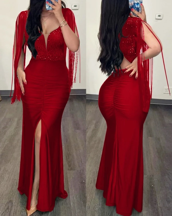 

Glamorous Dress for Women 2023 Summer Sexy Slim Contrast Sequin Ruched Slit Evening Party Bodycon Female Red Black Skirt