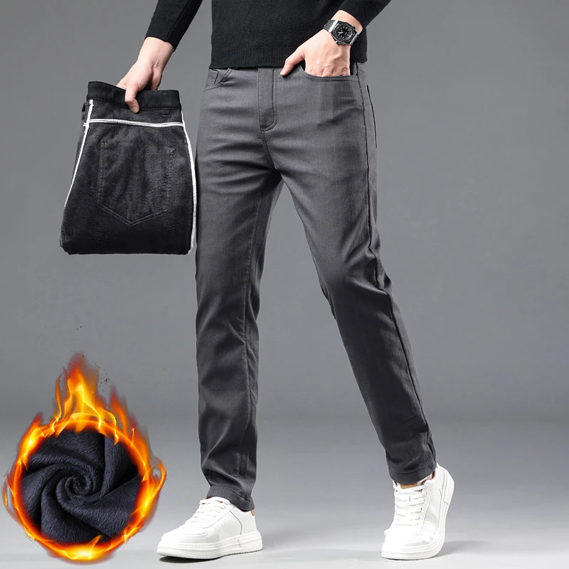 Winter New 2025 Fleece Pants Men's Thick Slim Elastic Business Casual Velvet Pants Warm Fashion Solid Color Plush Trousers Male 3
