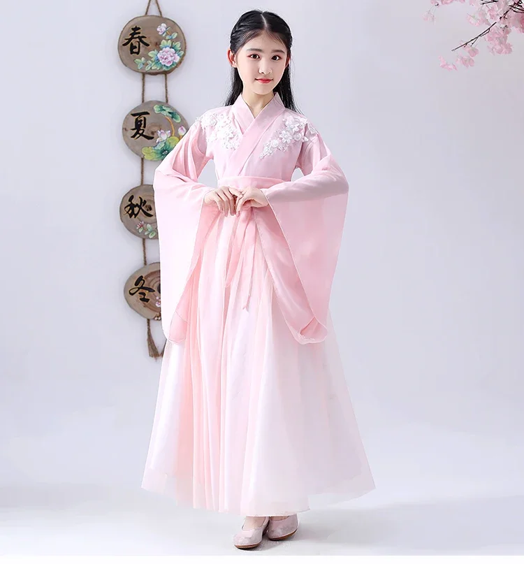 

Китайская традиционная Одежда для танцев Hanfu, красный, синий, розовый цветок, Сказочная фотография, костюм для девочек, Восточное Старинное платье