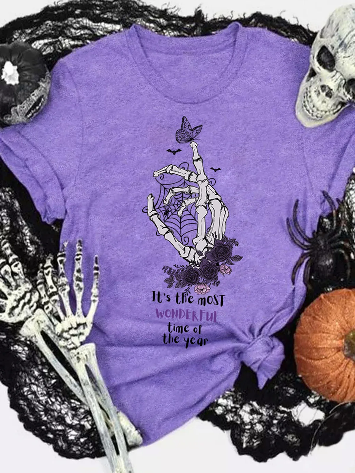 Halloween Festive Atmosphere È Il Tempo Più Meraviglioso Dell'Anno Scheletro Mano Fiore Farfalla Spider Web Print T -Shirt