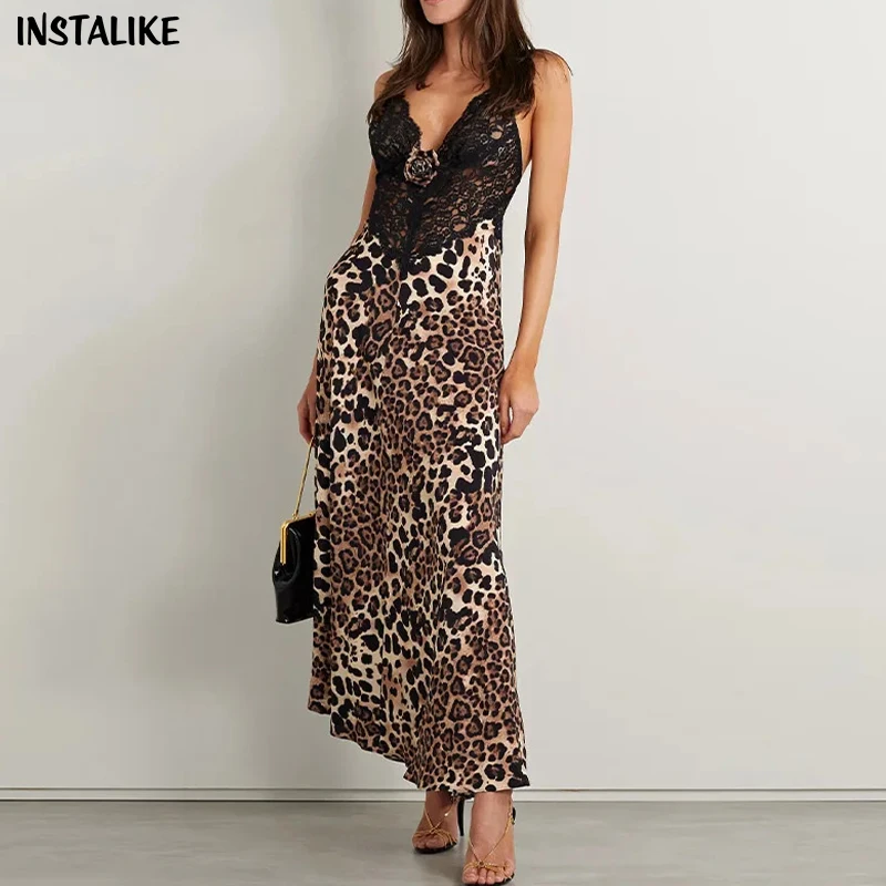 

Женское платье с леопардовым принтом InstaLike, кружевное лоскутное платье на тонких бретельках, официальное соблазнительное Клубное платье, Роскошные Длинные вечерние платья