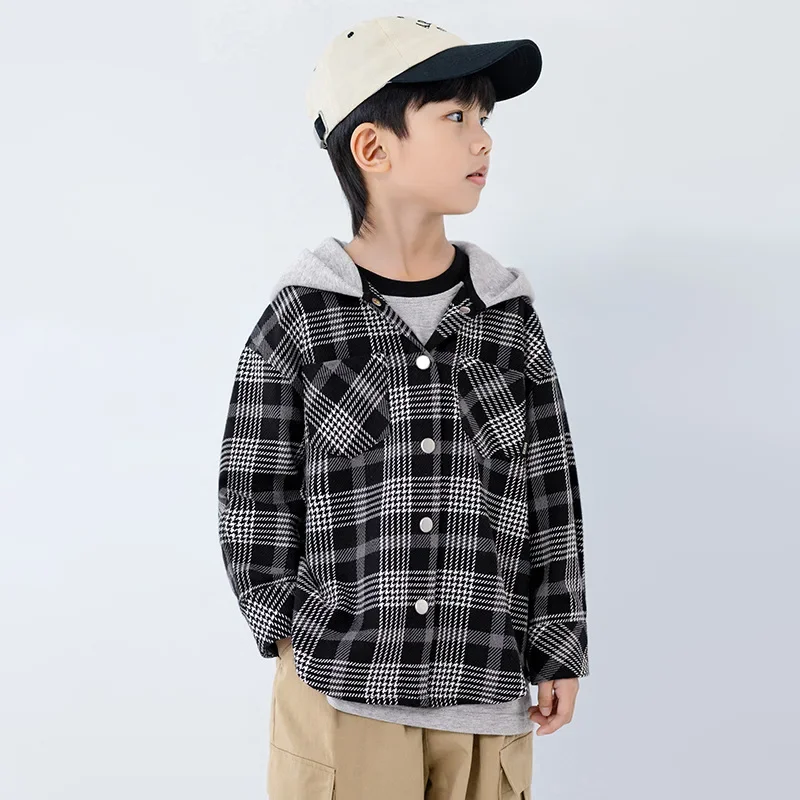 EKchildren's Wear Spring Autumn Plaid Hooded Cotton T-shirt Boys Pure Cotton Loose-Fit Unique Medium Large Children Trendy Cool
