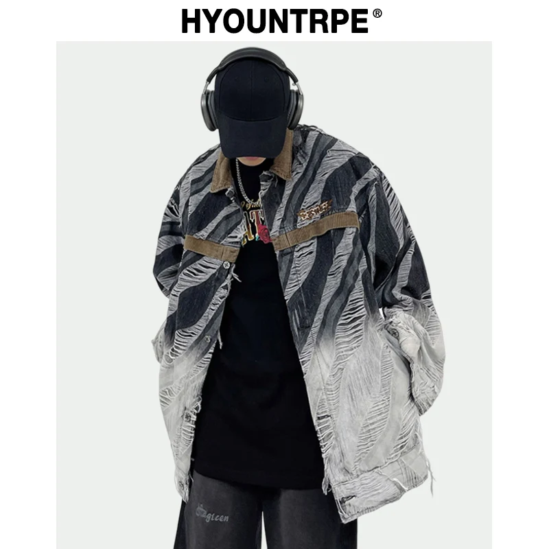 Zebra Printed Harajuku Denim Jacket and Coat Mens Hip Hop Patchwork Ripped Holes Jeans Outerwear Casual Streetwear Jeans Jackets
