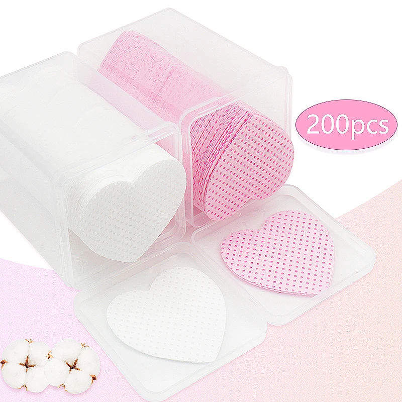 200pcs Disposable Eyelash Extension Glue Cleansing Cotton Pads Heart Shaped Makeup Remover Cotton Wipe Napkins Cosmetics Tools