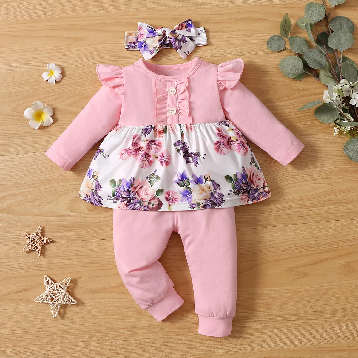 3-24M Fall Newborn Girl Clothing Baby Girl Clothes Set Infant Yellow Print Floral Bow Top + Pants Toddler Baby Girl Outfit warm Baby Clothing Set