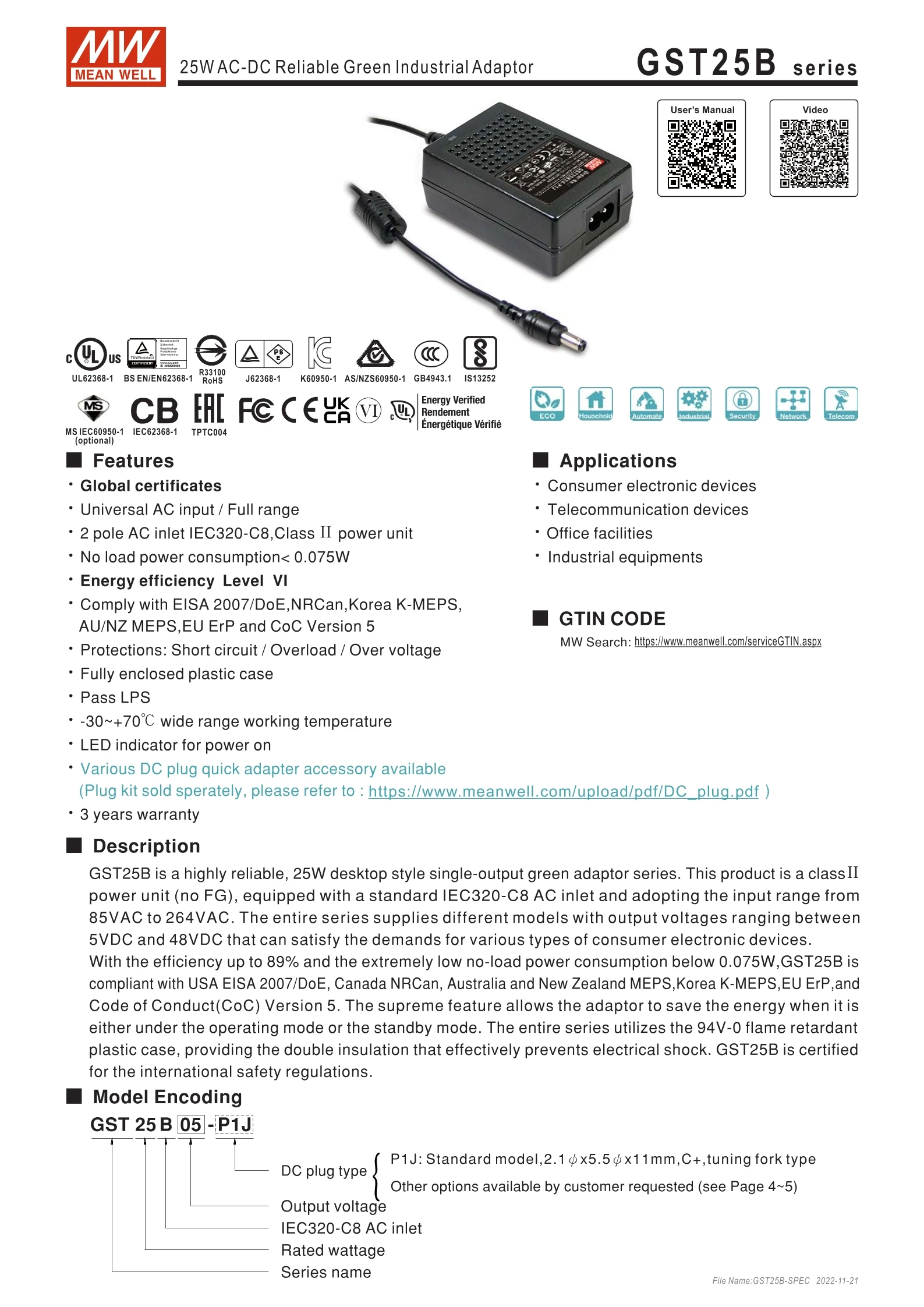 MEAN WELL GST25B GST25B12-P1J GST25B24-P1J, AC-DC ŷ  ִ   , 25W
