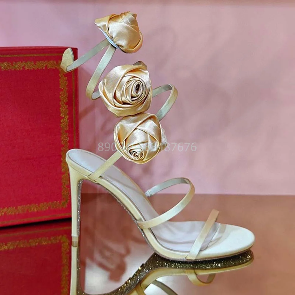 

Flower Strappy Sandals Elegant Wrapping Straps Shallow Pasrty Women Shoes Thin High Heel Round Toe Solid Luxury Fashion New