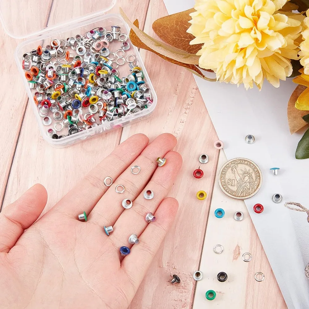 200 Sets 10 Colors Eyelets and Grommets 3MM Hole Self Backing Eyelet Mini Crop A Dile Eyelets with Washers for Paper Crafting