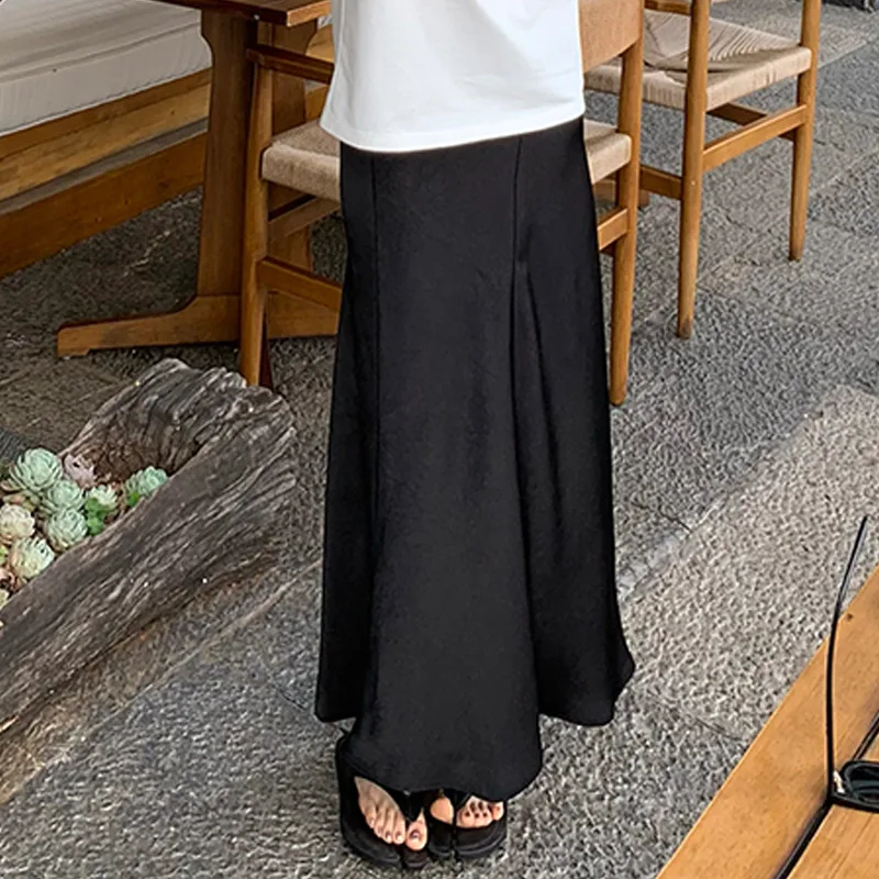 Silk Satin Skirts for Women Korean Style Champagne Office High Waist A-line Skirt Fashion Elegant Solid Long Pencil Skirt