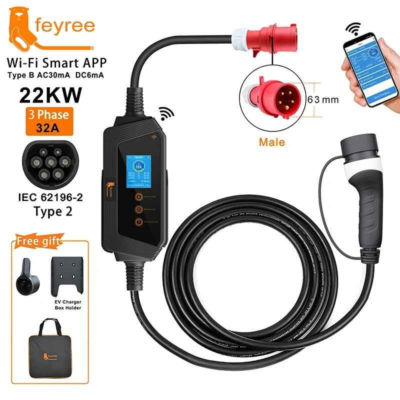 Feyree-cargador EV portátil para coche eléctrico, estación de carga EVSE, Control por aplicación Wi-Fi, 22KW, 32A, tipo 2 trifásico