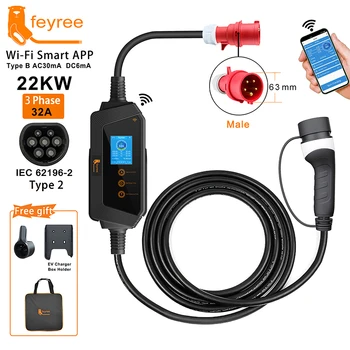 Feyree-Estação de Carregamento Portátil EV para Carro Elétrico, Caixa de Carregamento, Wi-Fi, Controle APP, EVSE, Type2, 22KW, 32A, 3Phase