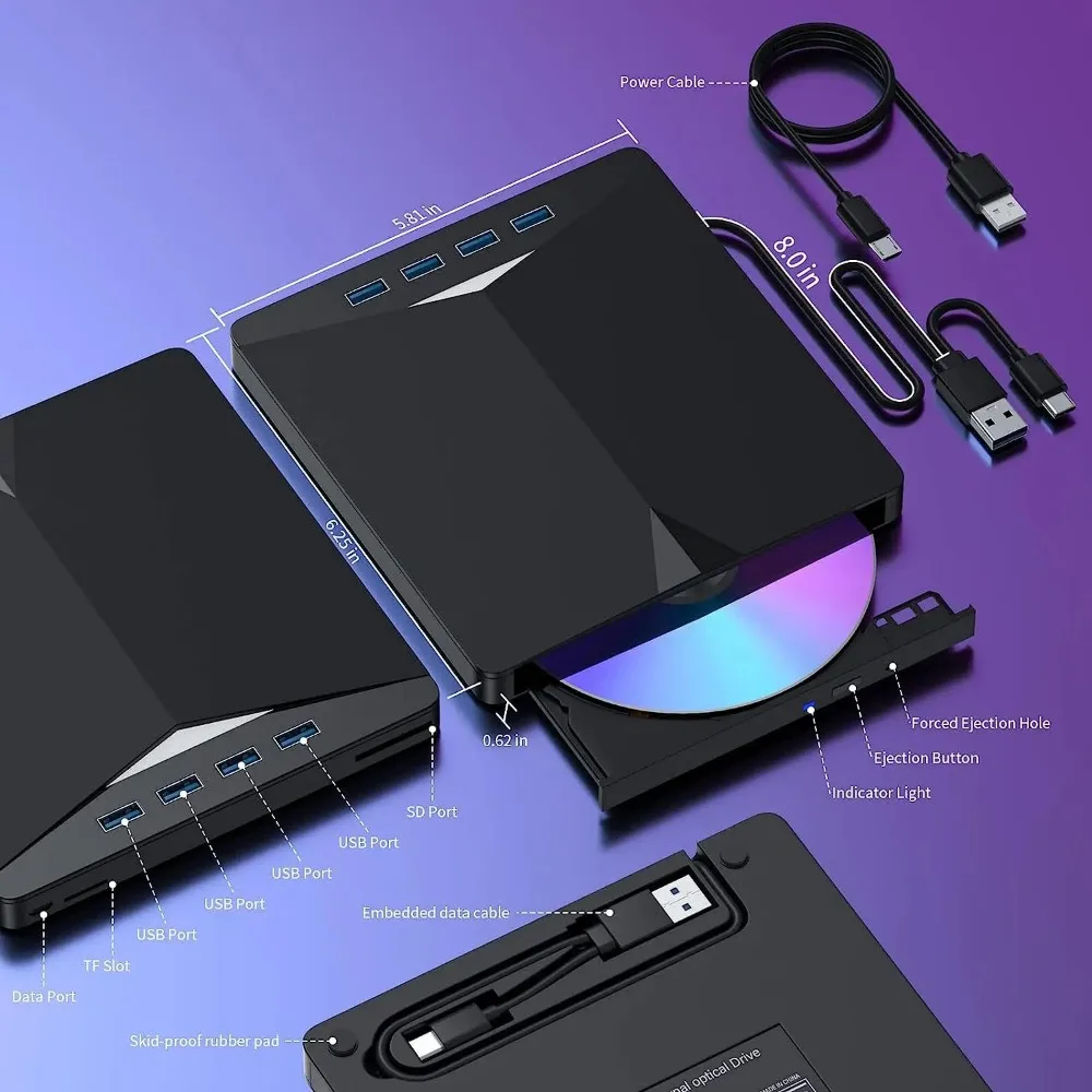 Multifunction DVD Player High Speed Data Transfer 7-in-1 Optical Drive USB 3.0 T