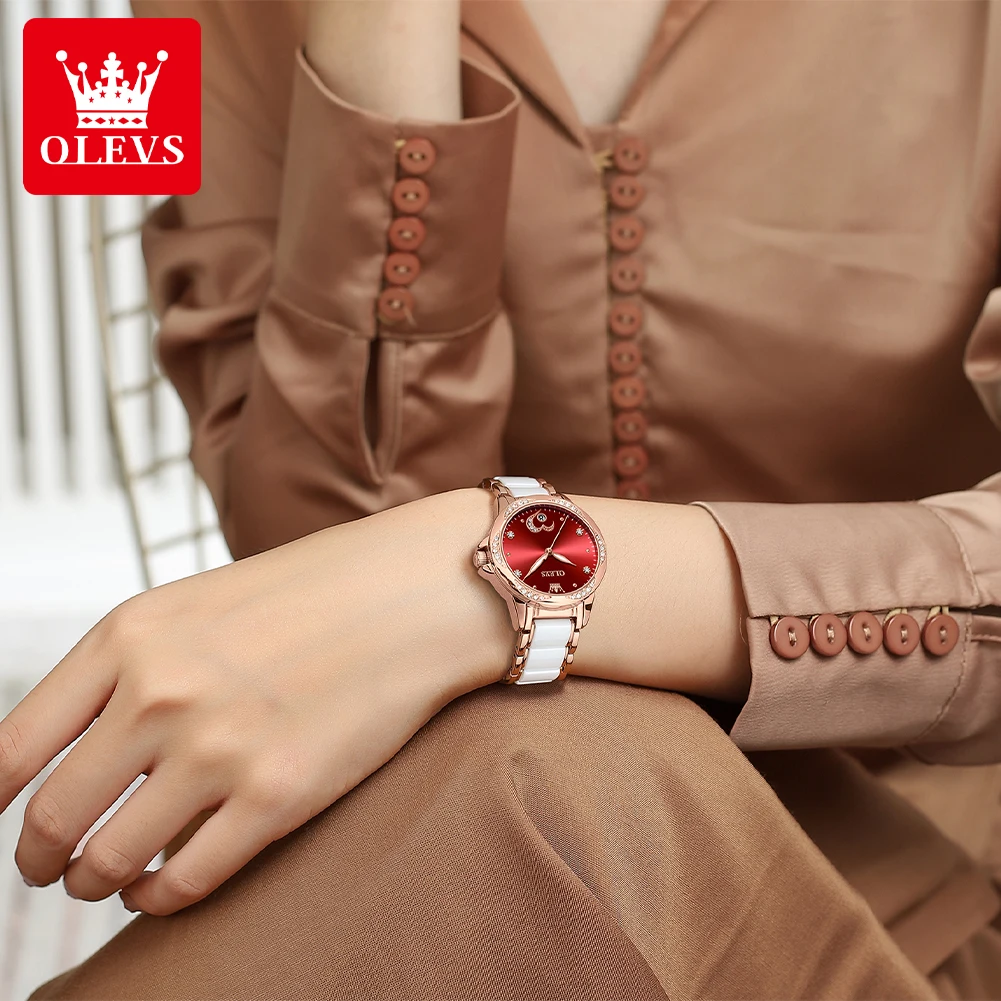 OLEVS 6631 Woman Automatic Watch Luxury Date Mechanical Watch For Women Original Ceramic Steel Strap Deep Waterproof Wristwatch