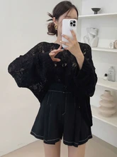  Onalippa Summer Long Sleeve O Neck Hollow Knitted Shirt All Match High Waist Two Button Pleated Shorts Women Set Sold Separately 