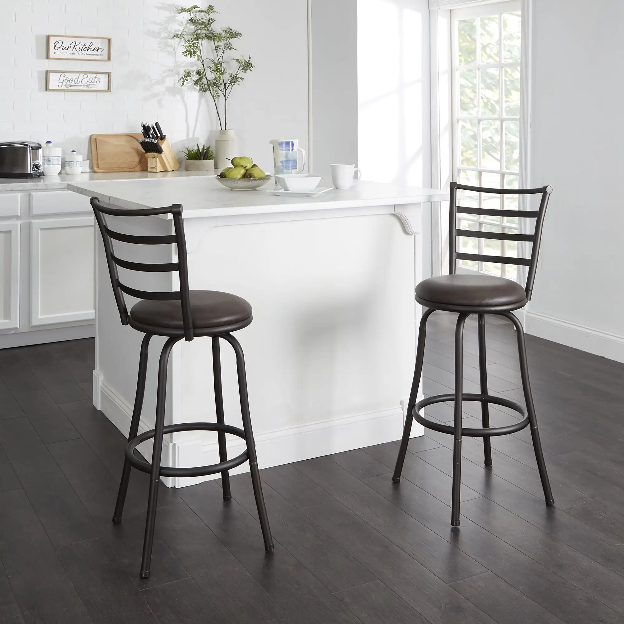 3-Pack Indoor Adjustable 24" or 29" Bronze Ladder Back Swivel Barstool, Espresso Vegan Leather Seat 3