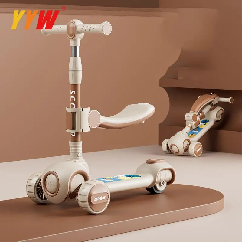 Children Scooter For 2-12 Years Children Cycling Kick Scooter With Seat And Pusher Flash Wheels Board Kid Music Pedal Scooters Adjustable Height