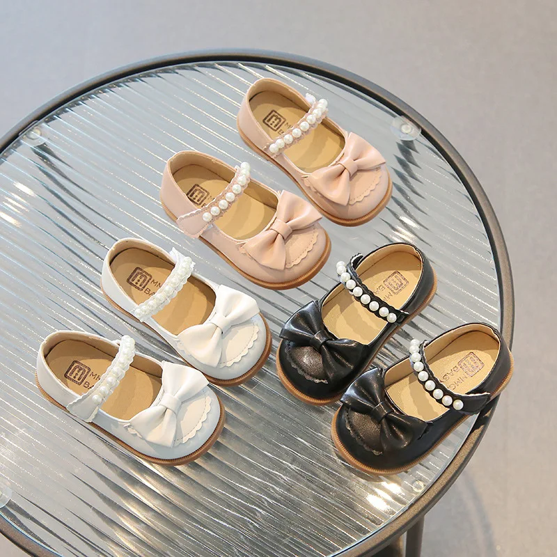 Girls Leather Shoes Children Leather Casual Shoes for Toddlers Little Girls Infants Spring Autumn New Princess Pearls Bowtie