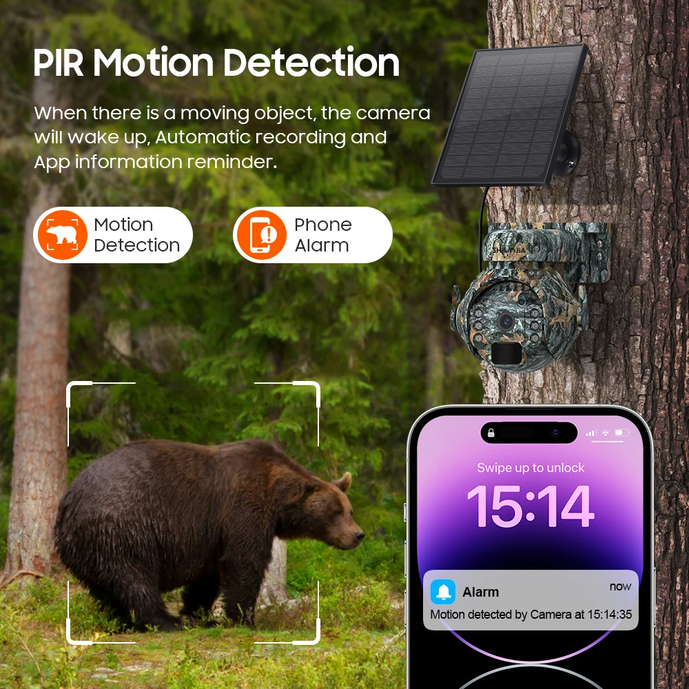 SHIWOJIA 4MP 4G Solar Security Cameras WIFI Wireless Outdoor 2K 360° View Animal Monitoring Camouflage Color Battery PTZ Camera