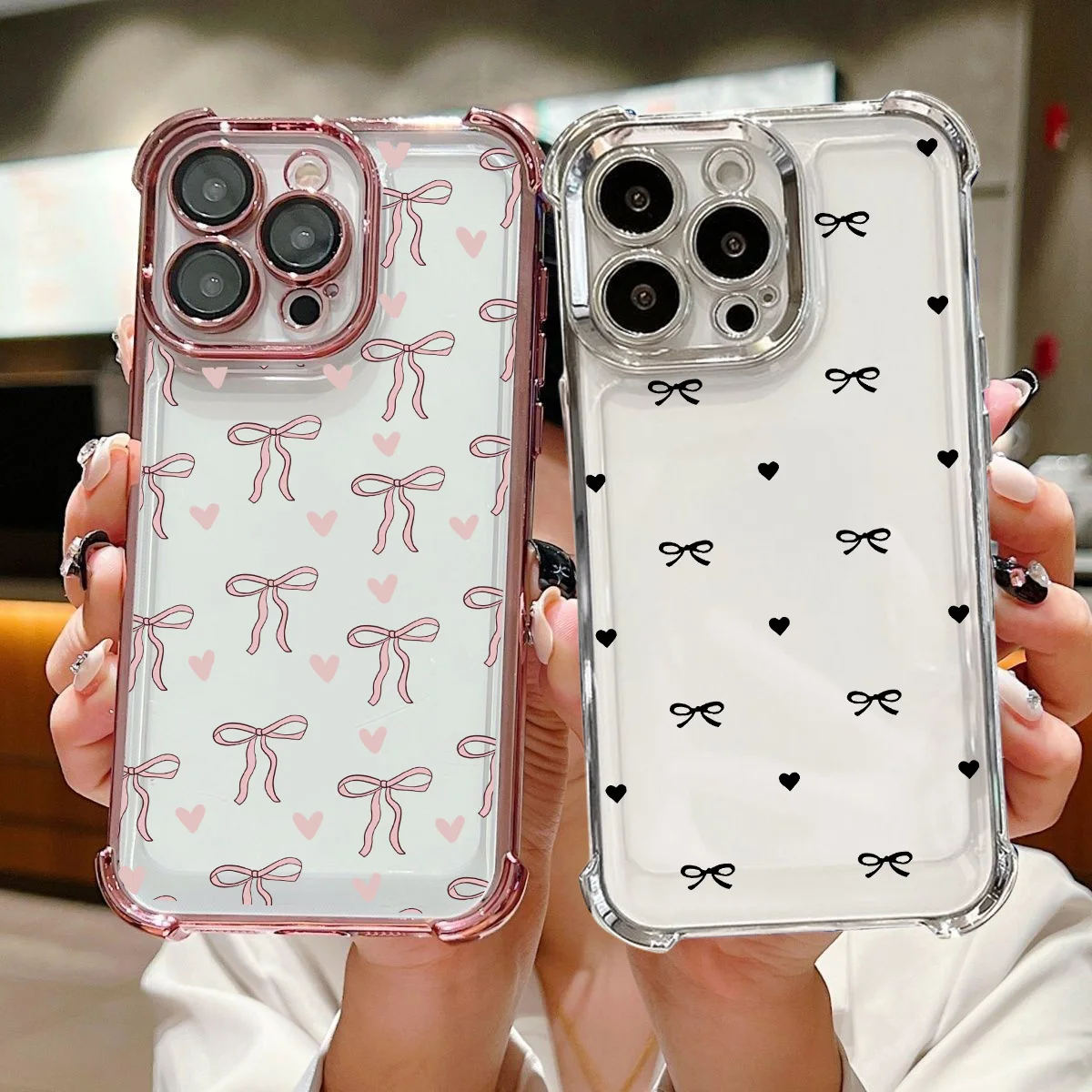 Black Love Heart Bow Plating TPU Airbag Phone Case