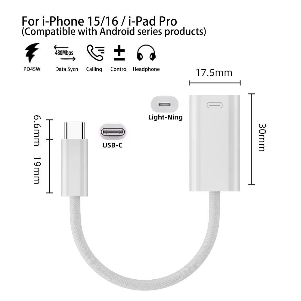 ANKNDO USB 타입 C에서 라이트닝 이어폰 어댑터로 변환, 애플 아이폰 16 이어폰 오디오 케이블에 적합한 짧은 케이블