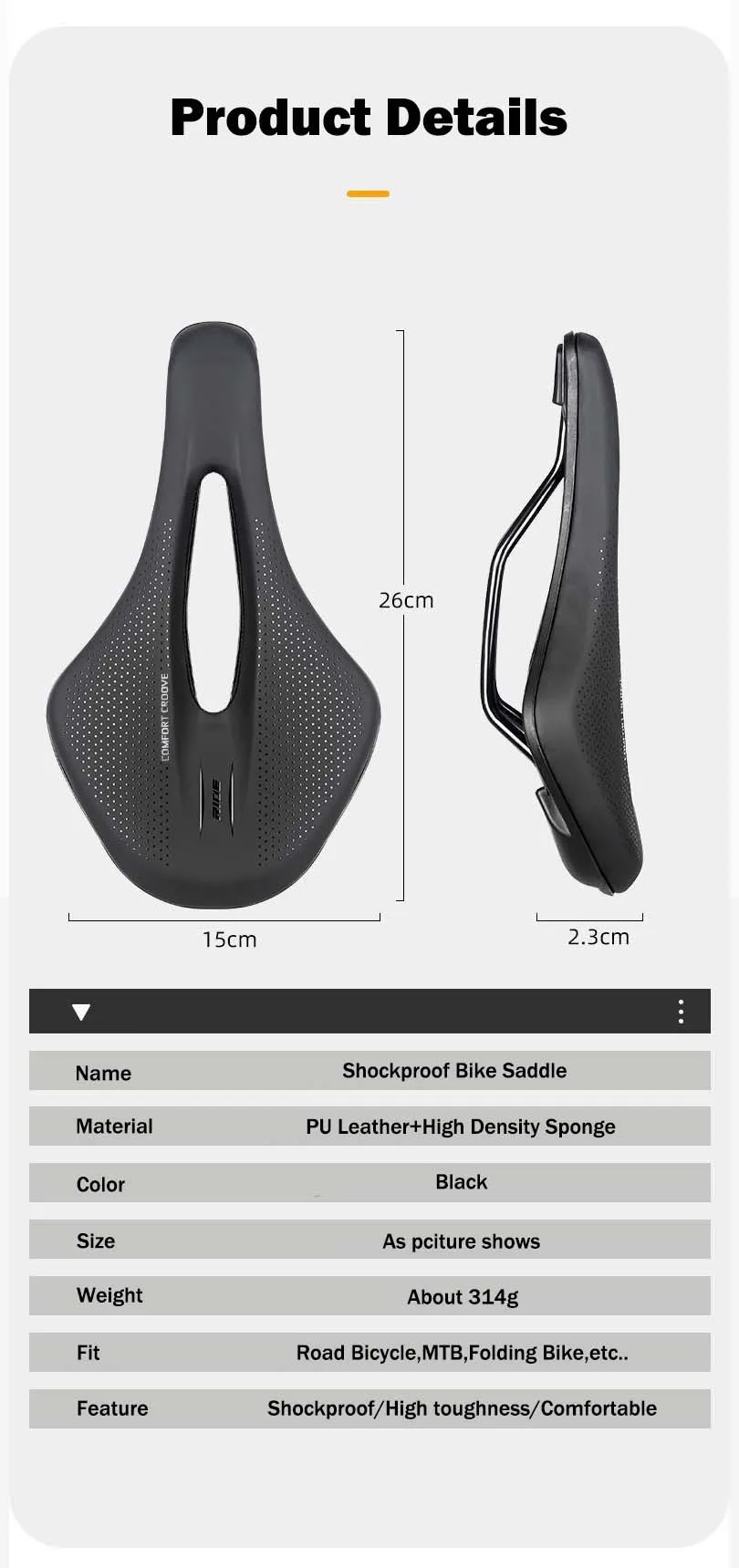 Description Picture 5 of itemComfortable Bike Saddle Shockproof HIgh Density Sponge Filled MTB Seat Aerodynamic Breathable Road Bicycle Saddle Bike Parts
