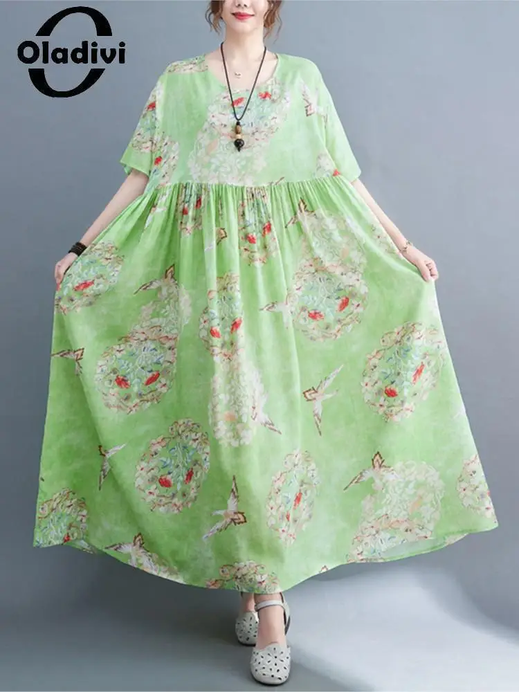 

Oladivi Fashion Print Short Sleeve Large Size Dresses Women 2023 Summer New Casual Loose Oversized Dresses Ladies Long Robe 9155