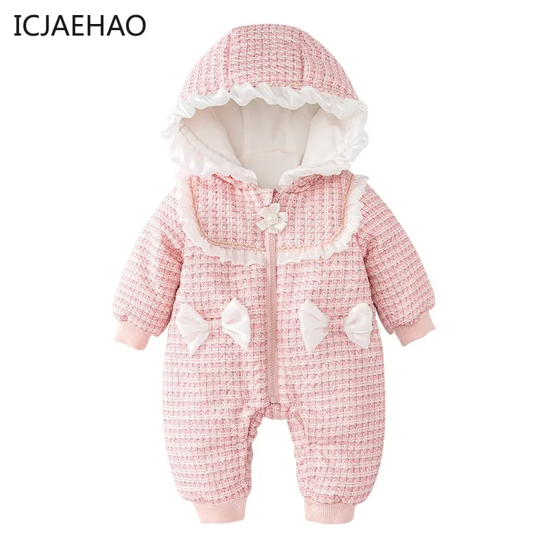 Newborn Baby Girls Hoodied Jumpsuits for Winter Clothes Kids Rompers Princess Hoodie Zip-Up Cotton-Padded Bodysuit from 6m-24m