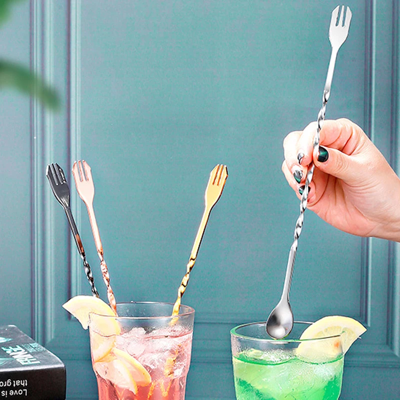 Cocktail Spoon Bar Spoon Cocktail Mixing Spoon 2pcs Drink Stirrers Cocktail Stirrer Stainless Steel 26cm with Trident