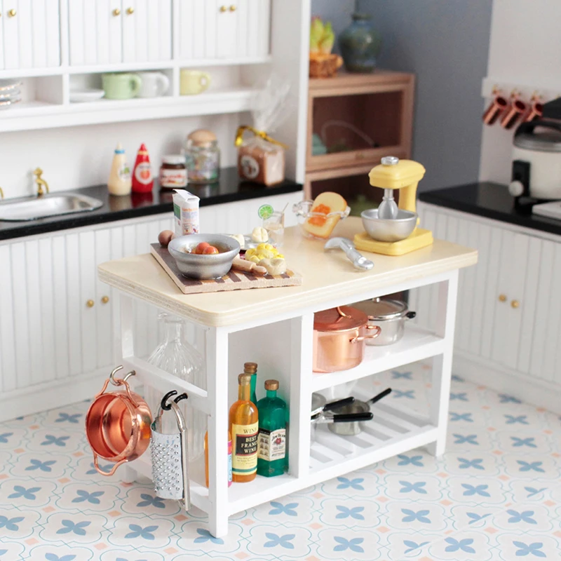 

1:12 Dollhouse Miniature Table Dining Table Multi-layer Cooking Storage Table With Hook Up Furniture Kitchen Decor Toy