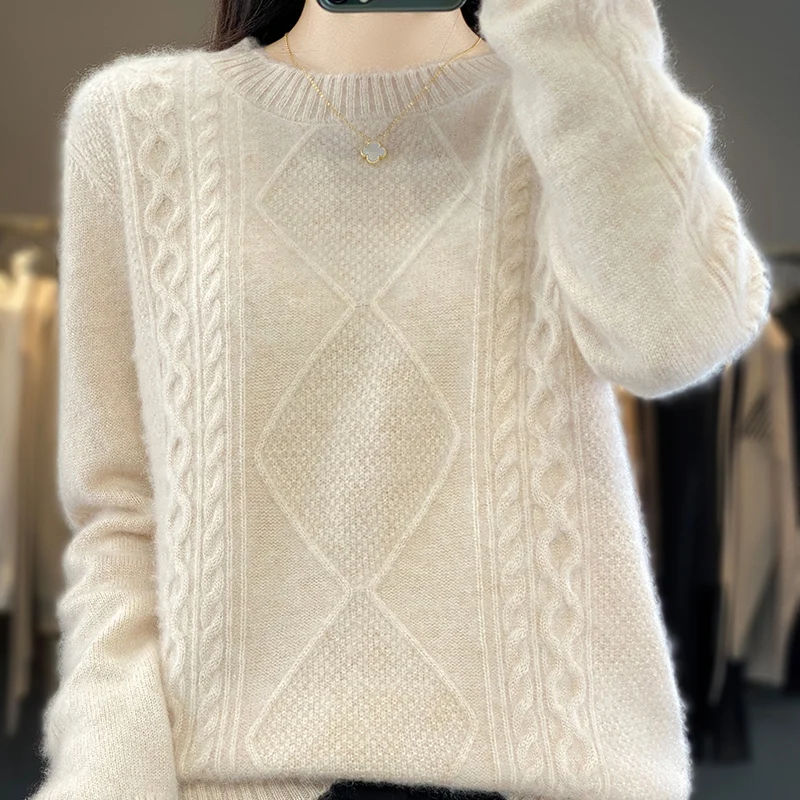 

New Women Cashmere Sweater Round Neck Pullover Minimalist Warm Long Sleeve Autumn/Winter New Jacquard Thick 100% Woolen Sweater