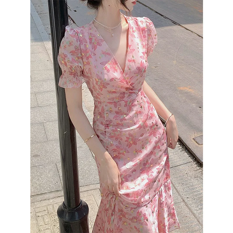 

Unique waistband Hepburn style French haute couture niche design temperament slim fitting pink floral dress for women in summer
