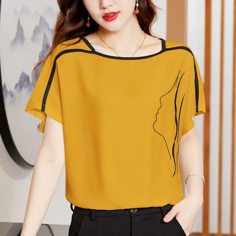 

High End Chiffon Shirt Womens New Fashion All Match Short Bat Sleeve T-shirt Korean Style Printed Bright Line Pullovers Tops